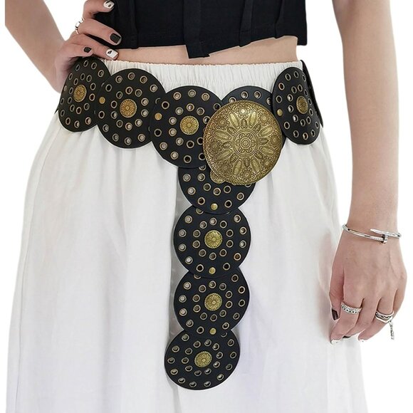 Accessories - Y2k Wide Boho Disc Belt for Women Vintage Concho Leather Disk Belts Western Wais